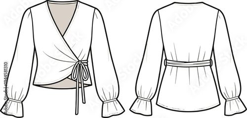 Women wrap blouse technical fashion sketch showing front and back view with long sleeves, tie waist detail, clean line drawing apparel design template