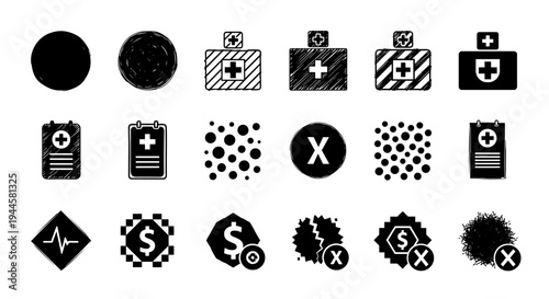 Collection of medical and financial icons with a distressed grunge texture and simple graphic elements