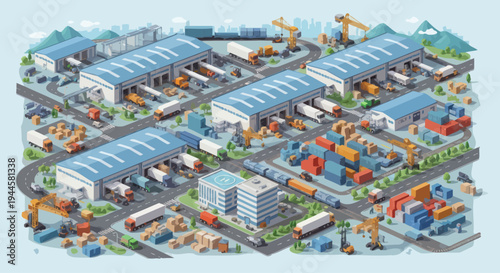 Isometric logistics warehouse complex with trucks, containers and cranes, busy distribution center