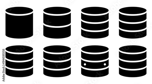 A set of eight black cylinder shapes with white stripes, arranged in two rows on a plain white background, representing a database or storage concept.