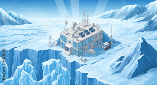 Arctic Research Station With Solar Panels and Vehicle in Frozen Landscape