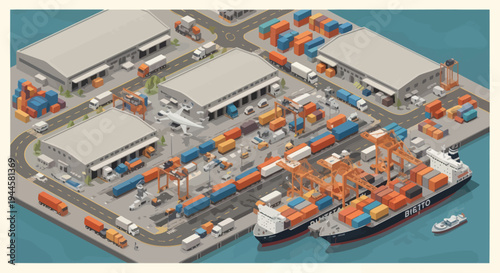 Isometric Cargo Port with Ships, Cranes, Containers, Trucks & Warehouse