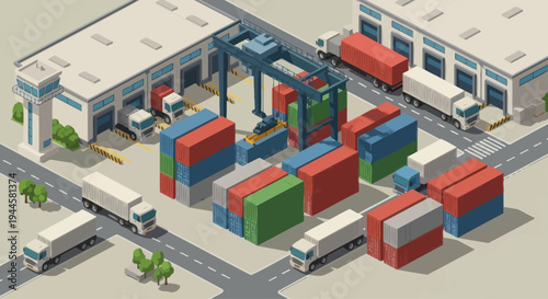 Isometric logistics hub with cargo containers, trucks, and crane