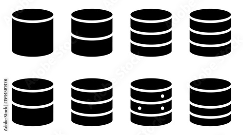 A set of black cylinder icons representing databases or servers, arranged in two rows on a plain white background, ideal for use in tech, business, or software related projects.