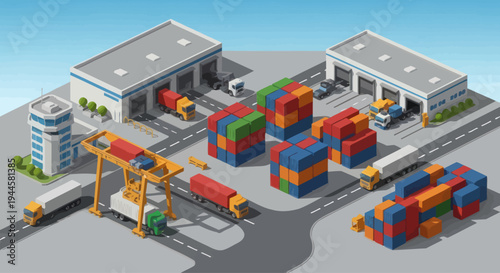 Isometric logistics hub with shipping containers, trucks, and warehouse buildings.
