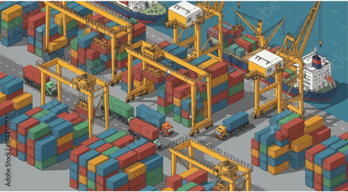 Isometric Cargo Port with Cranes, Containers, Trucks, and Ships