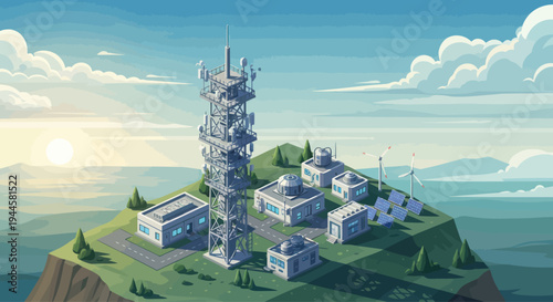 Pixel Art Communication Tower and Renewable Energy Station on Hilltop