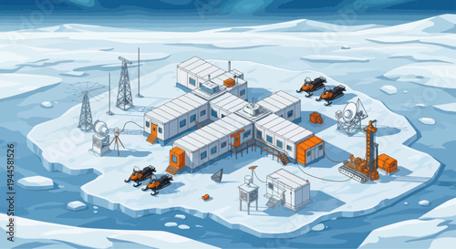 Pixel Art Arctic Research Station with Snowmobiles and Drilling Equipment