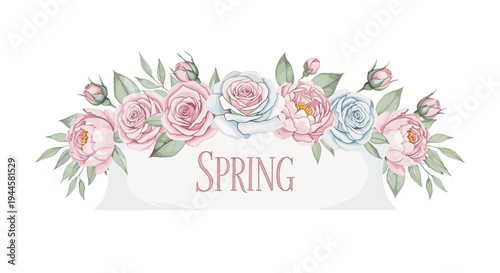 Elegant floral banner with the word SPRING in soft pastel colors
