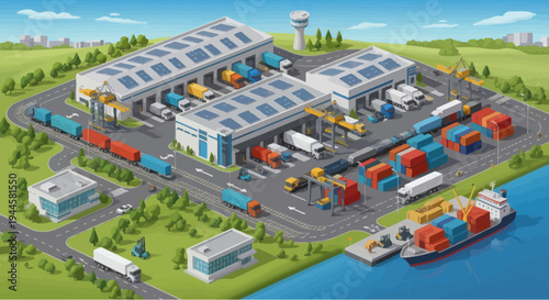 Logistics Hub: Trucks, Trains, Ships, Warehouses, Cargo, Shipping and Transportation
