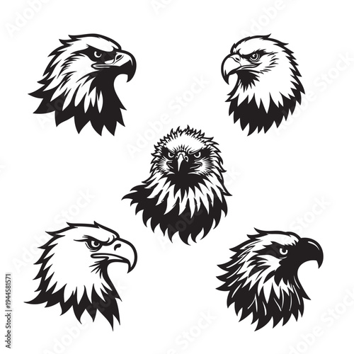Black illustrations of majestic bald eagle heads