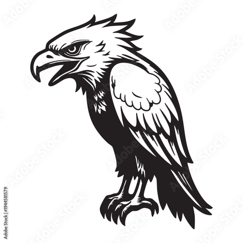 Black illustration of a majestic eagle head and talons