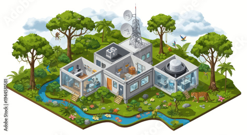 Modern Research Facility in Lush Jungle, Surrounded by Nature and Wildlife