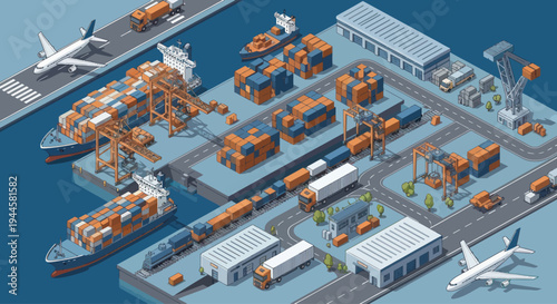 Isometric Container Port with Ships, Trains, Trucks, and Airplanes