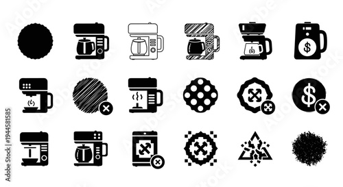 Collection of coffee maker icons and abstract graphic elements with cross marks