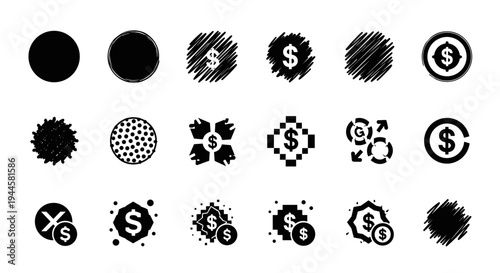 Collection of diverse black icons representing finance, money, and abstract shapes