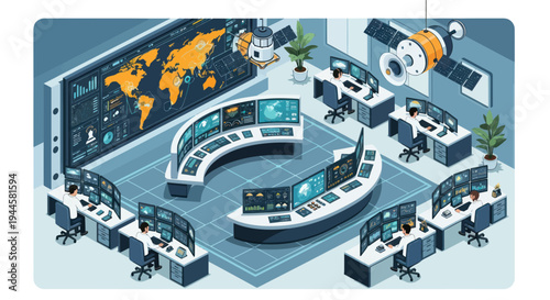 Modern Mission Control Center with Global Map and Satellite Display