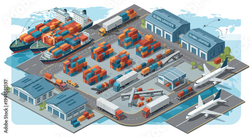 Global Logistics Hub: Ships, Planes, Trucks, Trains, and Containers