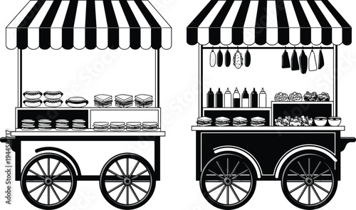 Black and white vector illustration of vintage street food carts with striped awnings selling hot dogs and sandwiches for market festival concept.