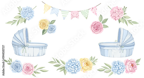Cute baby shower decorations with floral elements and baby bassinets