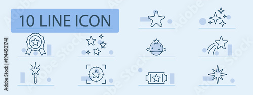 Star set icon. Outline rating symbols, single, sparkle, award badge, cluster, planet star, magic wand, target, ticket, shining starburst.