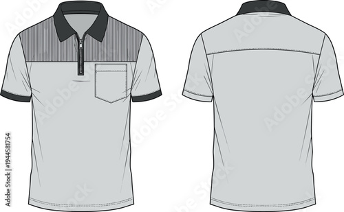 Men's Quarter Zip Polo Shirt Fashion Flat Sketch, Striped Yoke Short Sleeve Technical Drawing, Front and Back View CAD Template,