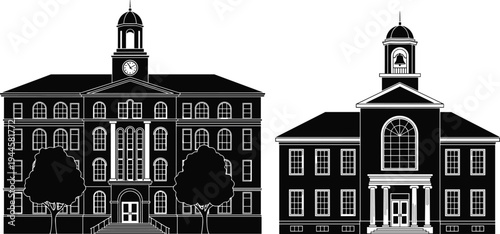 Black and white vector silhouettes of classic university campus buildings with clock tower and bell for education school government and historical architecture concept.