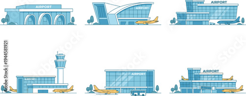 Collection of modern airport terminal buildings and control tower vector illustrations with airplanes in flat line style.