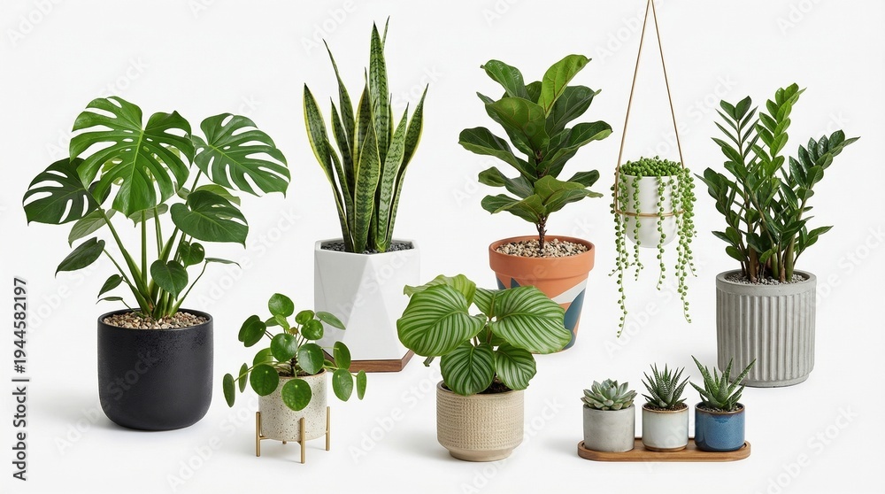 Fototapeta premium Diverse collection of potted houseplants displayed in modern minimalist planters ideal for interior design home decor and e-commerce visuals