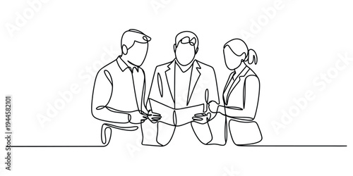 Continuous Line Art of Business Team Collaborating on a Project