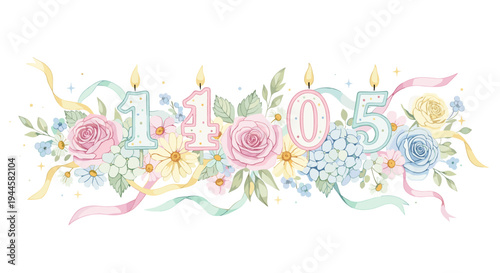 Festive floral arrangement with "105" birthday candles and flowing ribbons