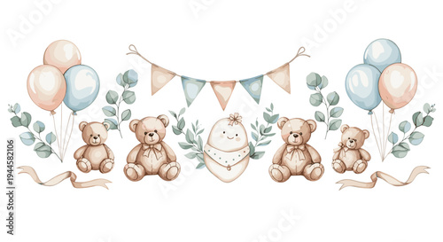Cute watercolor baby shower decorations with teddy bears, balloons, and eucalyptus leaves