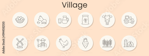 Village set icon. Harvest bowl, cow, milk jar, flour bag, tractor, windmill, farmer, chicken, beet, wheat field, silo, barn, countryside, agriculture, rural life