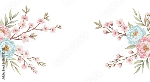 Delicate watercolor floral arrangement with cherry blossoms and peonies in soft pink and blue hues