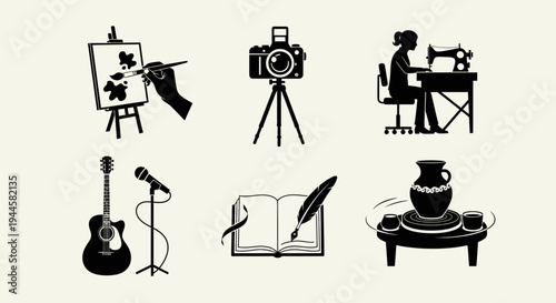 Collection of artistic and creative hobbies icons, showcasing various crafts and leisure activities like painting, photography, music, writing, sewing, and pottery