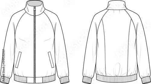 Men's Zip-up Bomber Jacket Fashion Flat Sketch, Front and Back View CAD Drawing, Raglan Sleeve Outerwear Template, Technical Vector Illustration