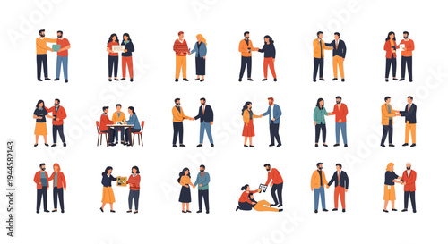 Diverse Business Interactions and Partnership Illustrations Set Depicting Agreement, Collaboration, Teamwork, and Professional Relationships
