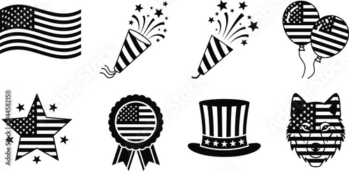 American Patriotic Icon Set Featuring Waving Flag Party Poppers Balloons Star Badge Top Hat and Wolf Head Silhouette for Independence Day Celebration Vector Graphics