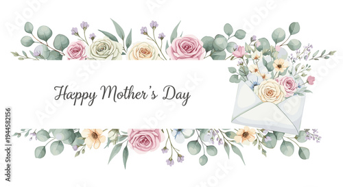 Happy Mother's Day greeting card with floral envelope and elegant calligraphy
