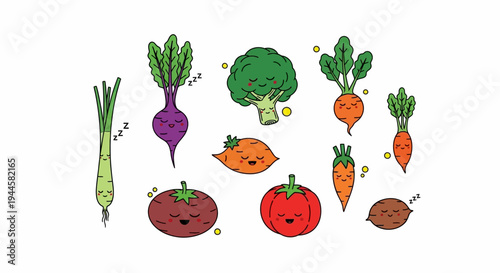 Whimsical Collection of Cute Hand-Drawn Vegetable Characters with Sleepy and Happy Faces, Perfect for Playful Food and Healthy Eating Designs