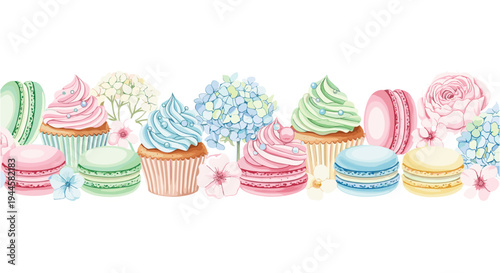 Sweet pastel cupcakes and macarons decorated with delicate flowers and hydrangeas