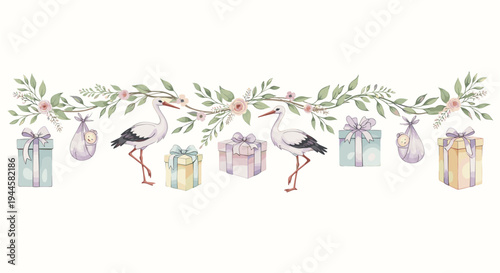 Storks and gifts border with floral garland, baby shower celebration