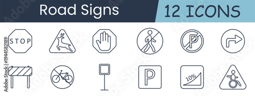 Road signs set icon. Stop, deer crossing, no entry, pedestrian, no parking, turn right, barrier, bicycle, signpost, parking, slope, disabled access, traffic