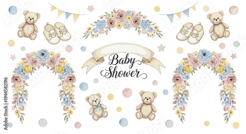 Cute baby shower decorations with teddy bears, flowers, and baby shoes
