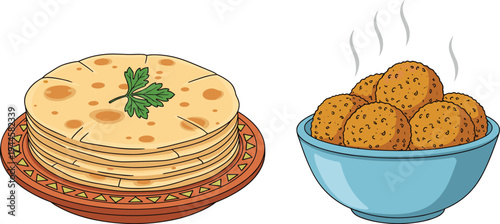 Hand Drawn Vector Illustration of Traditional Flatbread Stack on Plate and Hot Falafel Balls in Bowl Isolated on White Background.