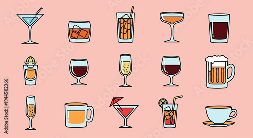 Collection of assorted beverages in various glasses and cups