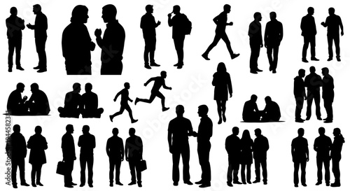 Diverse collection of human silhouettes, showcasing individuals and groups engaged in various activities, communication, and movement