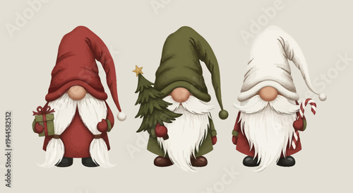 Whimsical Hand-Drawn Christmas Gnomes Collection for Festive Holiday Decor and Seasonal Celebrations. Adorable Fantasy Characters with Presents, Tree, and Candy Canes, Perfect for Winter Graphics