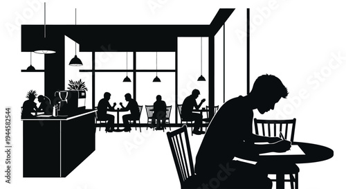 Vector illustration of a modern cafe in black and white silhouette. Patrons are shown working, studying, and socializing, capturing the vibrant atmosphere of a busy coffee shop and urban life