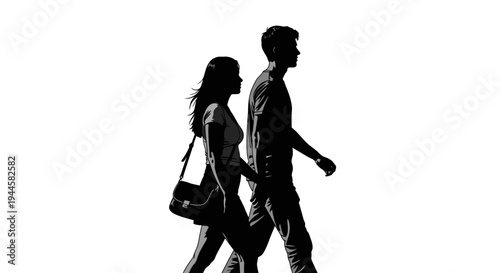 Dynamic silhouette capturing a man and a woman in motion, walking confidently with a sense of connection and shared direction on a bright background